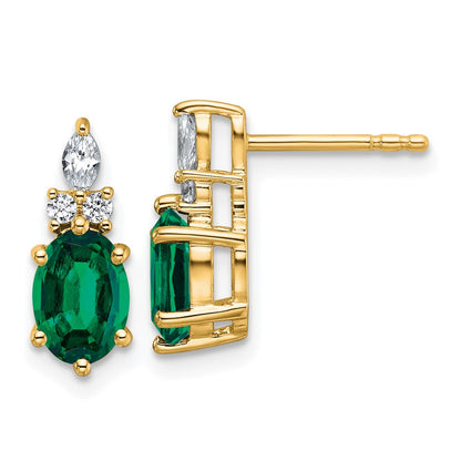 14K Yellow Gold Diamond and 7x5 Oval May/Lab Created Emerald Post Earrings