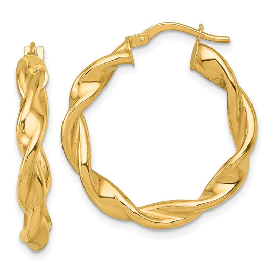 14K Yellow Gold Polished Twisted 4.00 x 27mm Tube Hoop Earrings