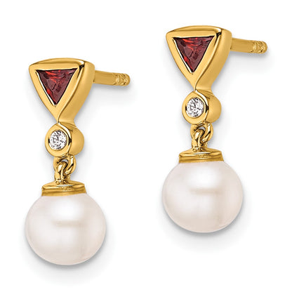14K Yellow Gold Round Freshwater Cultured Pearl/.02 carat Diamond/Trillion Ruby Dangle Post Earrings
