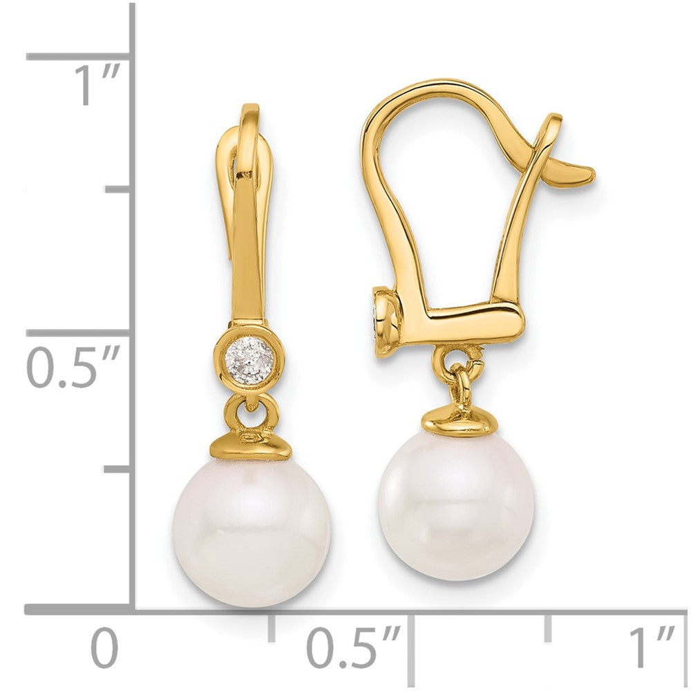 14K Yellow Gold 7-8mm Round Akoya Saltwater Cultured Pearl and .10 Carat Diamond Dangle Earrings