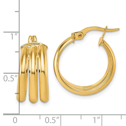 14K Yellow Gold Polished Triple Row 8.00mm x 18mm Tube Round Hoop Earrings