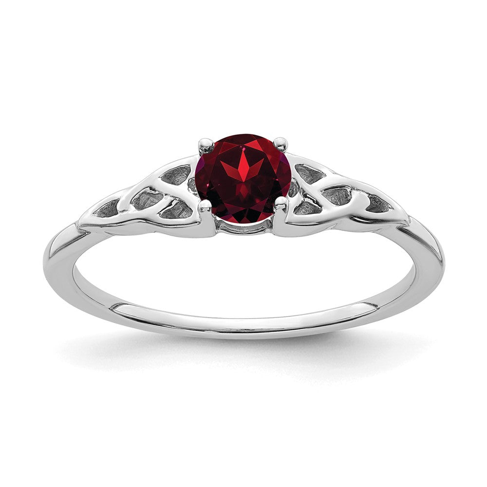 14K White Gold 4.5mm Round Garnet Celtic Knot Ring