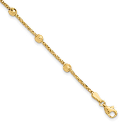 14K Yellow Gold Polished 7-Station Mirror Beads and Chain 7 Inch Bracelet