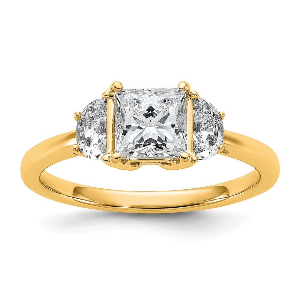 14K Yellow Gold 3/8 carat Lab Grown Diamond VS/SI+ G+ Half Moon 1 carat Princess Center Semi Mount Three Stone Engagement Ring
