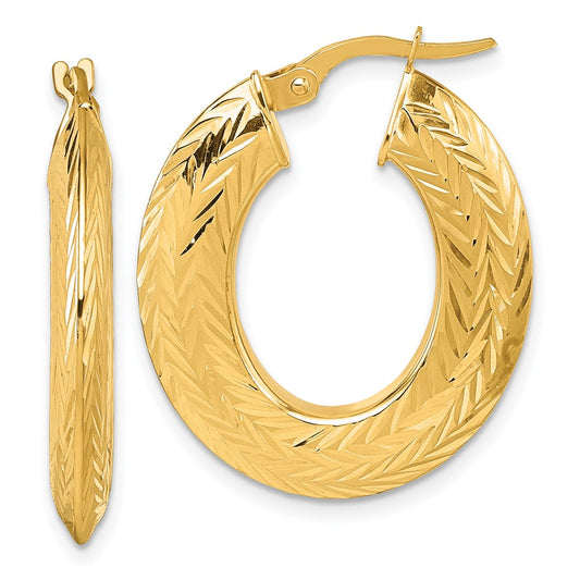 14K Yellow Gold Polished and Diamond-cut 3.4mm x 27mm Knife-edge Oval Tube Hoop Earrings