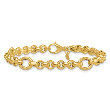 14K Yellow Gold Polished and Textured Rolo and Oval Fancy Chain 7.5 Inch Bracelet
