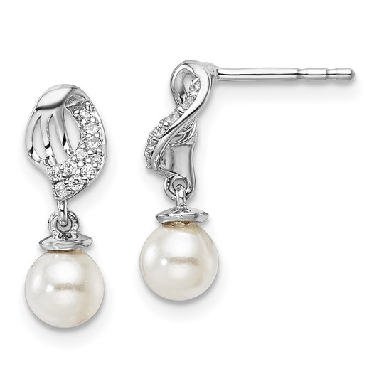 14K White Gold Polished 1/20 carat Diamond and White Freshwater Cultured Pearl Dangle Post Earrings