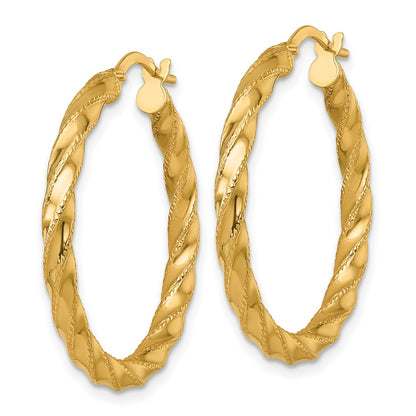14K Yellow Gold Polished Diamond-cut Twisted 3.00 x 30mm Tube Hoop Earrings