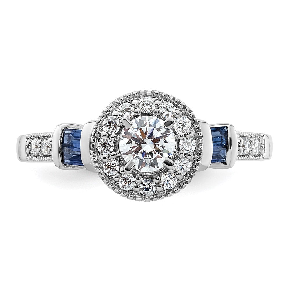 14K White Gold 1/2 carat Lab Grown Diamond VS/SI+ G+ and Created Sapphire Complete Round Halo Engagement Ring