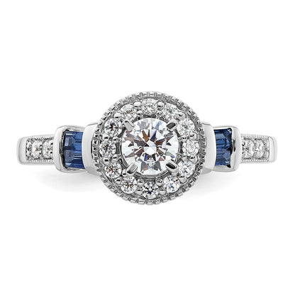 14K White Gold 1/2 carat Lab Grown Diamond VS/SI+ G+ and Created Sapphire Complete Round Halo Engagement Ring