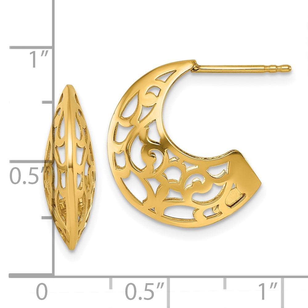 14K Yellow Gold Polished Fancy Cut Out Design Post J-Hoop Earrings