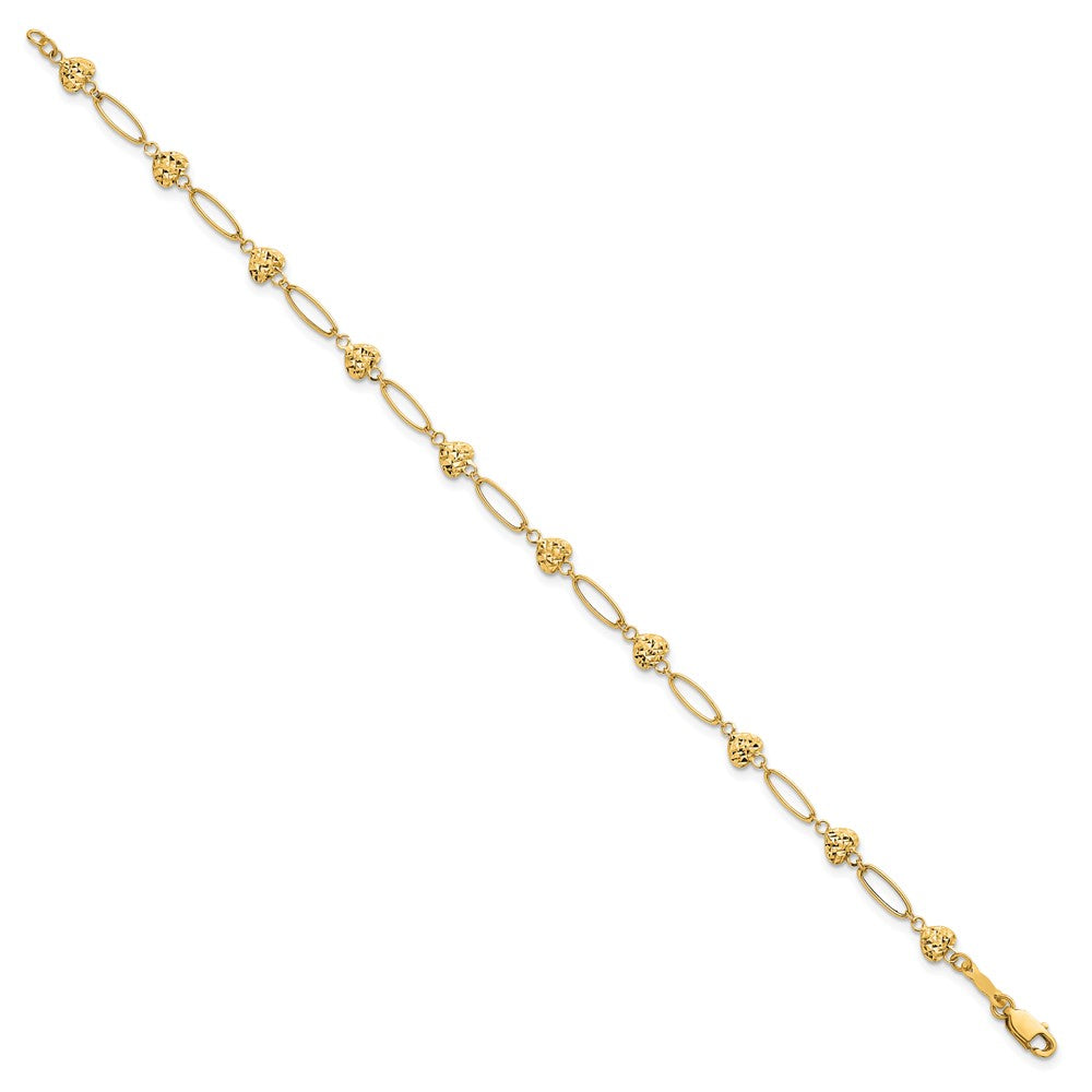 14K Yellow Gold Polished Oval Links with Diamond-cut Puffed Hearts 7.5 Inch Bracelet