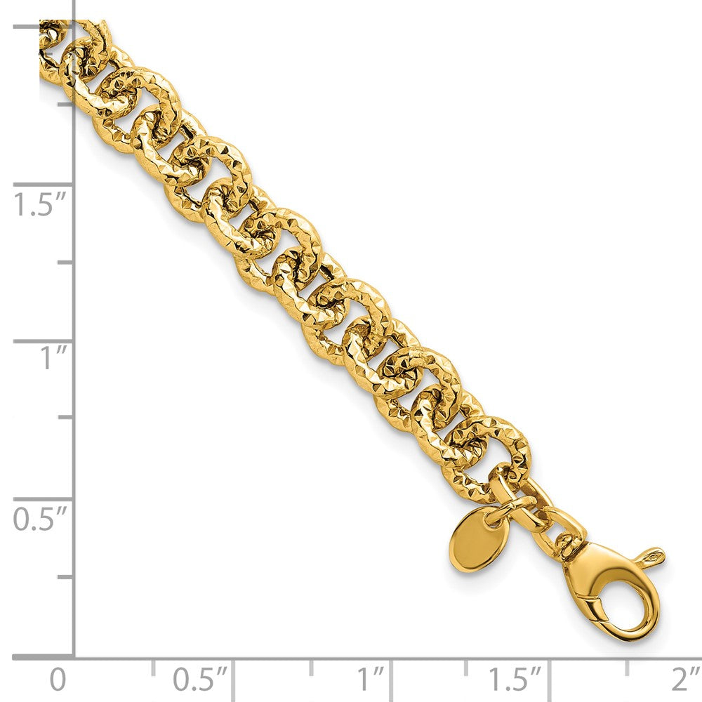14K Yellow Gold Polished and Textured 7.3mm Cable Chain 7.5 Inch Bracelet