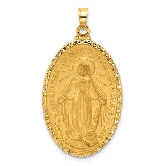 14K Yellow Gold Polished and Satin Solid Miraculous Medal Oval Pendant
