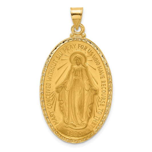 14K Yellow Gold Polished and Satin Solid Large Miraculous Medal Oval Pendant
