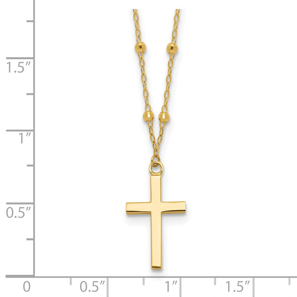 14K Yellow Gold Mirror Beaded Chain with Polished Cross Pendant 16.25 Inch Necklace Plus 2 Inch Extender