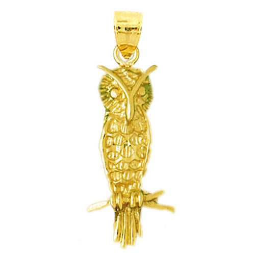 14K Gold 28MM Perched Owl Pendant
