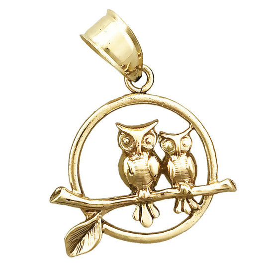 14K Gold Two Owls Perched Encircled Pendant