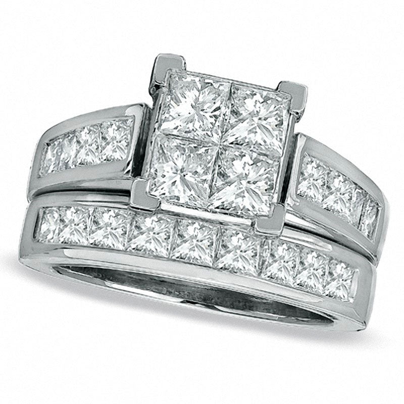 3.0 CT. T.W. Quad Square-Cut Natural Diamond Bridal Engagement Ring Set in Solid 14K White Gold