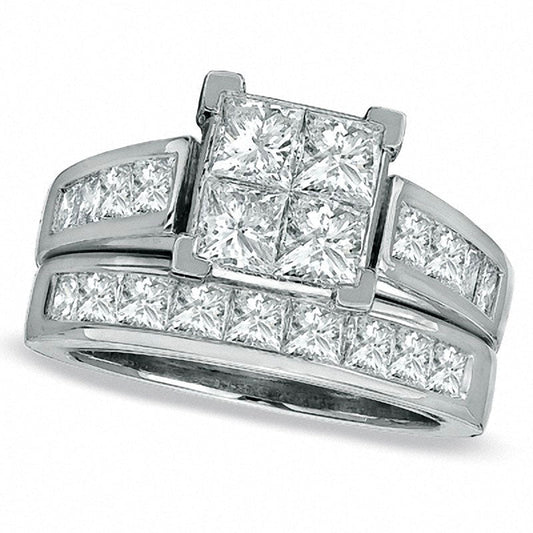 3.0 CT. T.W. Quad Square-Cut Natural Diamond Bridal Engagement Ring Set in Solid 14K White Gold