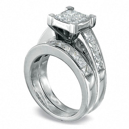 3.0 CT. T.W. Quad Square-Cut Natural Diamond Bridal Engagement Ring Set in Solid 14K White Gold