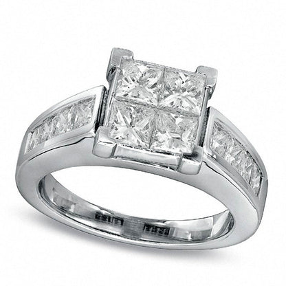 3.0 CT. T.W. Quad Square-Cut Natural Diamond Bridal Engagement Ring Set in Solid 14K White Gold