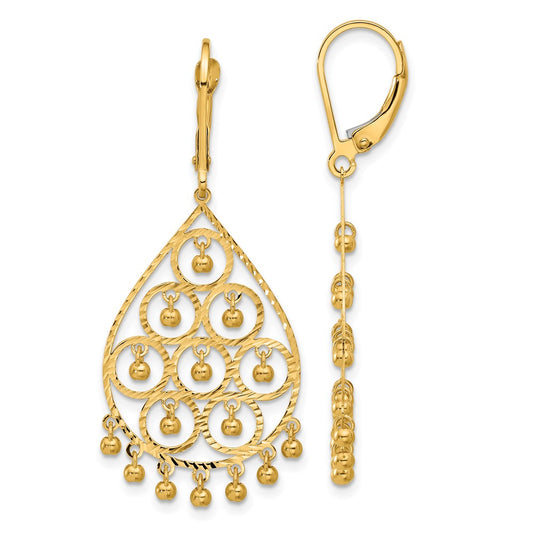 14K Yellow Gold Polished Diamond-cut Chandelier-Style Fringed Dangle Leverback Earrings