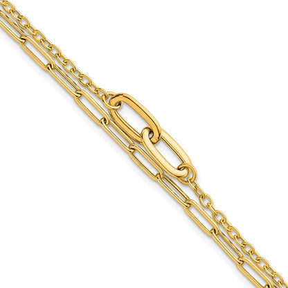 14K Yellow Gold Polished Paperclip and Oval Cable Link Double Strand 7.5 Inch Bracelet