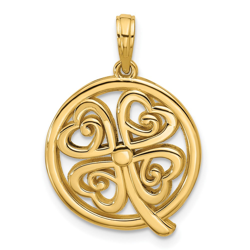 14K Yellow Gold Polished Four Leaf Clover in Circle Pendant