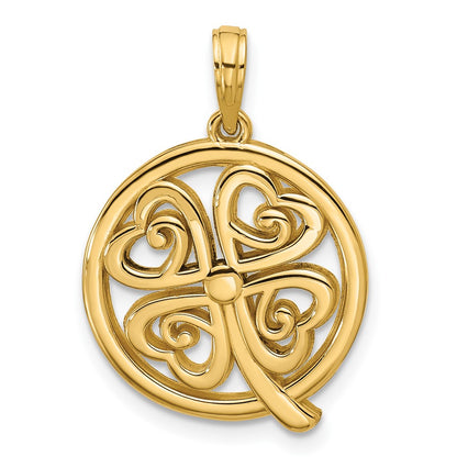 14K Yellow Gold Polished Four Leaf Clover in Circle Pendant