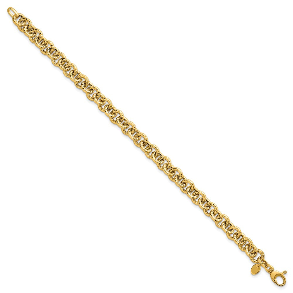 14K Yellow Gold Polished and Textured 7.3mm Cable Chain 7.5 Inch Bracelet