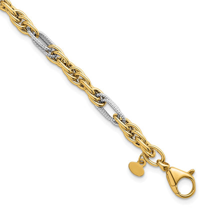 14K Yellow Gold with Rhodium Polished 4.2mm Fancy Rope Chain 7.5 Inch Bracelet
