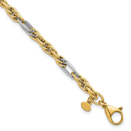 14K Yellow Gold with Rhodium Polished 4.2mm Fancy Rope Chain 7.5 Inch Bracelet