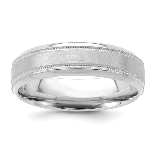 14K White Gold 6mm Heavyweight Comfort Fit Brushed Satin/Polished Milgrain Grooved Edge Wedding Band Ring