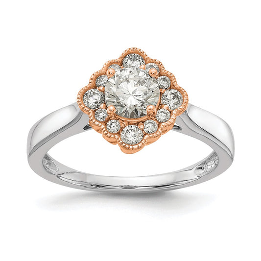 True Origin 14K Two Tone White and Rose Gold 1/4 carat Lab Grown Diamond VS+ F+ Semi-Mount Round  Halo Engagement Ring