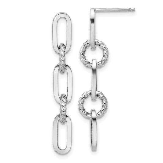 14K White Gold Polished and Textured Chain Link Dangle Post Earrings