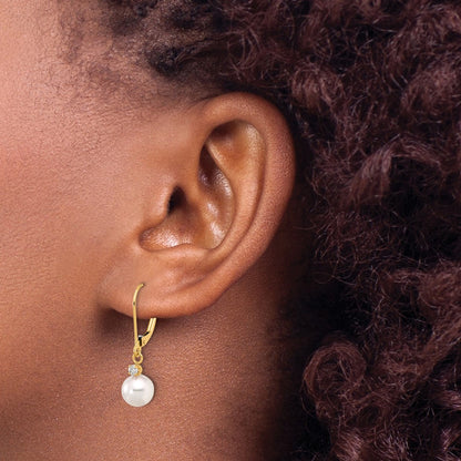 14K Yellow Gold 7-8mm Round Akoya Saltwater Cultured Pearl and .10 Carat Diamond Dangle Leverback Earrings