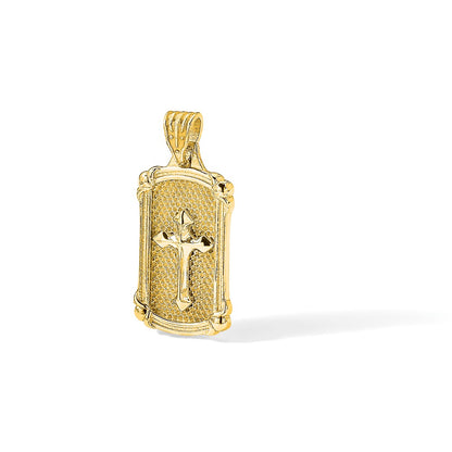 14K Yellow Gold Polished and Textured Dog Tag Cross Pendant