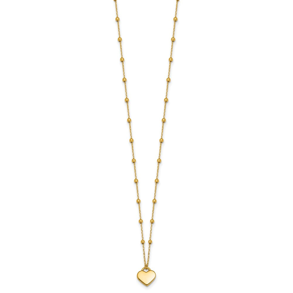 14K Yellow Gold Polished Heart Pendant and Beaded Chain 16 Inch Necklace Plus 2 Inch Extender