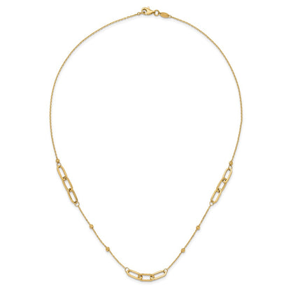 14K Yellow Gold Polished Linked Ovals and Diamond-cut Beads Fancy 3-Station 18 Inch Necklace