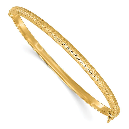 14K Yellow Gold Polished Diamond-cut 4.00mm Hinged Oval Bangle Bracelet