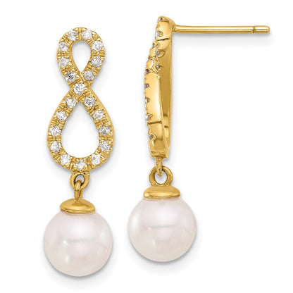 14K Yellow Gold 7-8mm Round Akoya Saltwater Cultured Pearl and .40 Carat Diamond Infinity Post Dangle Earrings