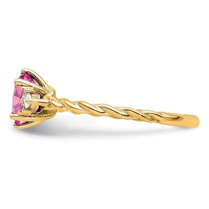 14K Yellow Gold Diamond and 7x5 Oval October/Lab Created Pink Sapphire Size 7 Twisted Ring