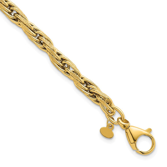14K Yellow Gold Polished And Textured 4.5mm Flat Rope Chain 7.5 Inch Bracelet