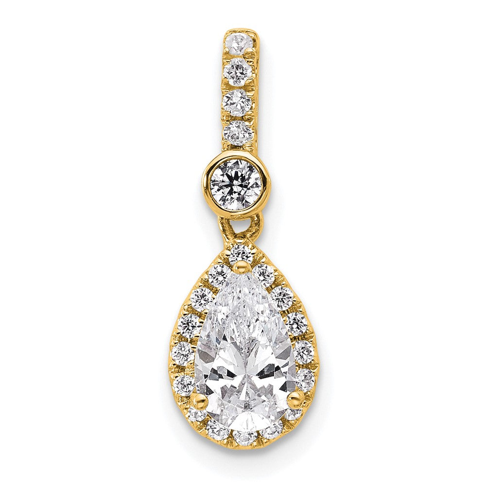 14K Yellow Gold 1 carat Lab Grown Diamond VS/SI+ G+ Pear Complete Halo Pendant