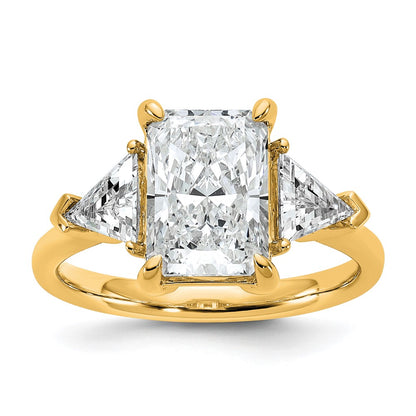 14K Yellow Gold 5/8 carat Lab Grown Diamond VS+ F+ Triangle 3 carat Radiant Center Semi Mount Three Stone Engagement Ring