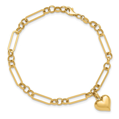 14K Yellow Gold Polished Puffed Heart Charm Dangle Figaro Link 7.5 Inch Bracelet