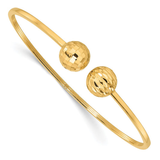 14K Yellow Gold Polished and Diamond-cut 10mm Ball 2.00mm Flexible Oval Cuff Bangle Bracelet