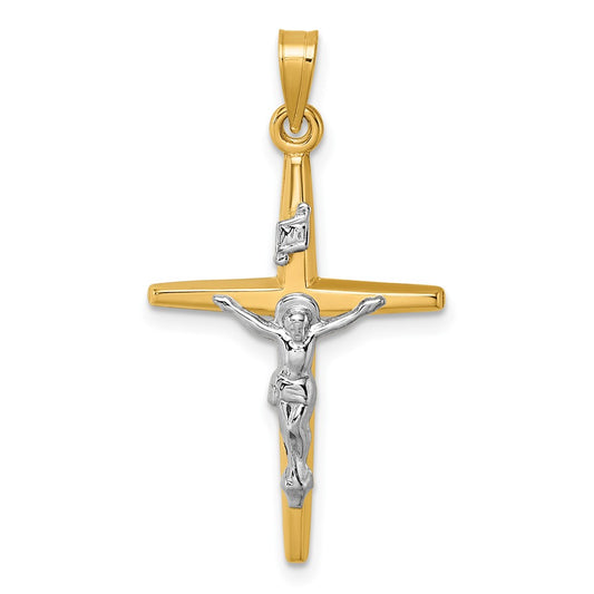 14K Yellow Gold with Rhodium Polished INRI Crucifix Cross Pendant
