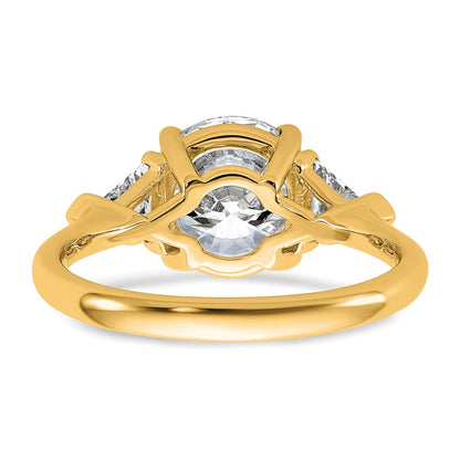 14K Yellow Gold 5/8 carat Lab Grown Diamond VS/SI+ G+ Triangle 2 1/2 carat Round Semi Mount Three Stone Engagement Ring
